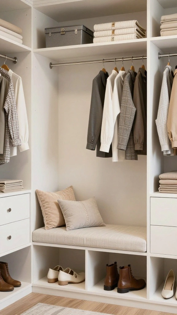 12 Walk-in Closet Built-in Ideas That Look Custom Without the Cost - 3. Multi-functional Bench for Added Seating 1