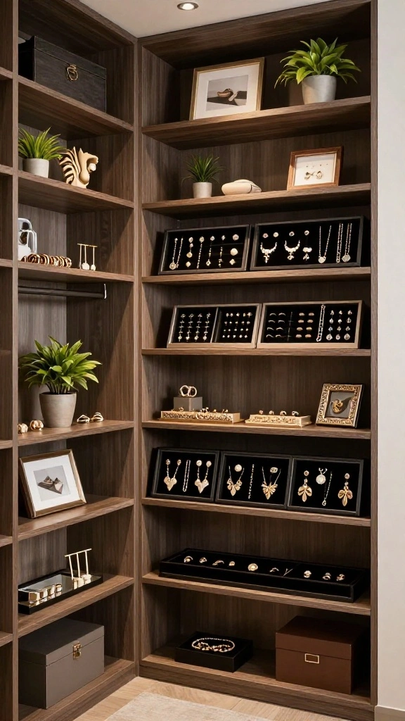 12 Walk-in Closet Jewelry Storage Ideas From Drawers to Display - 5. Floating Shelves for Jewelry 1