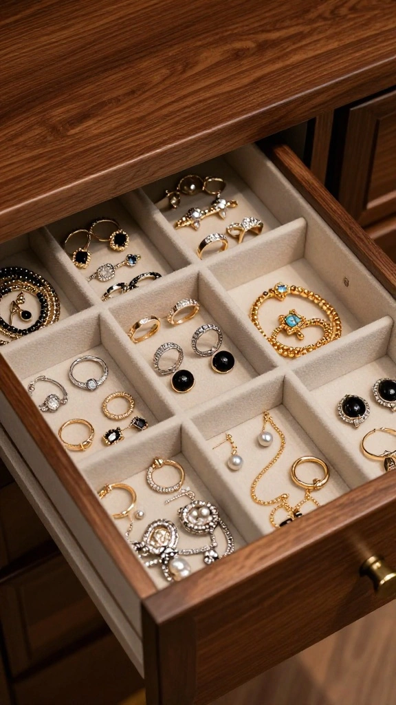 12 Walk-in Closet Jewelry Storage Ideas From Drawers to Display - 8. Drawer Dividers for Rings and Earrings 1