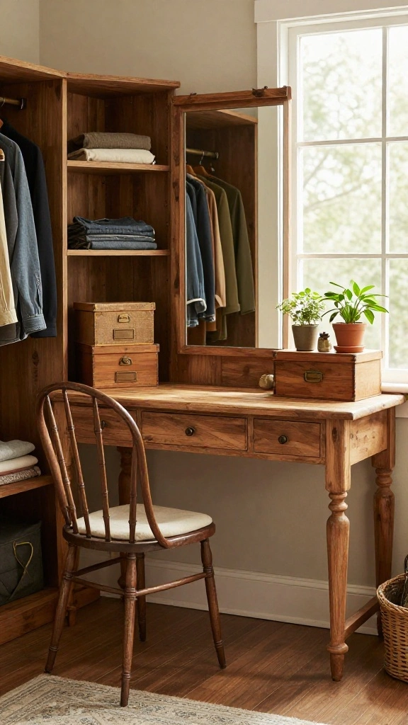 12 Walk-in Closet Vanity Ideas for Every Size and Style - 2. Rustic Charm with Wood Accents 1