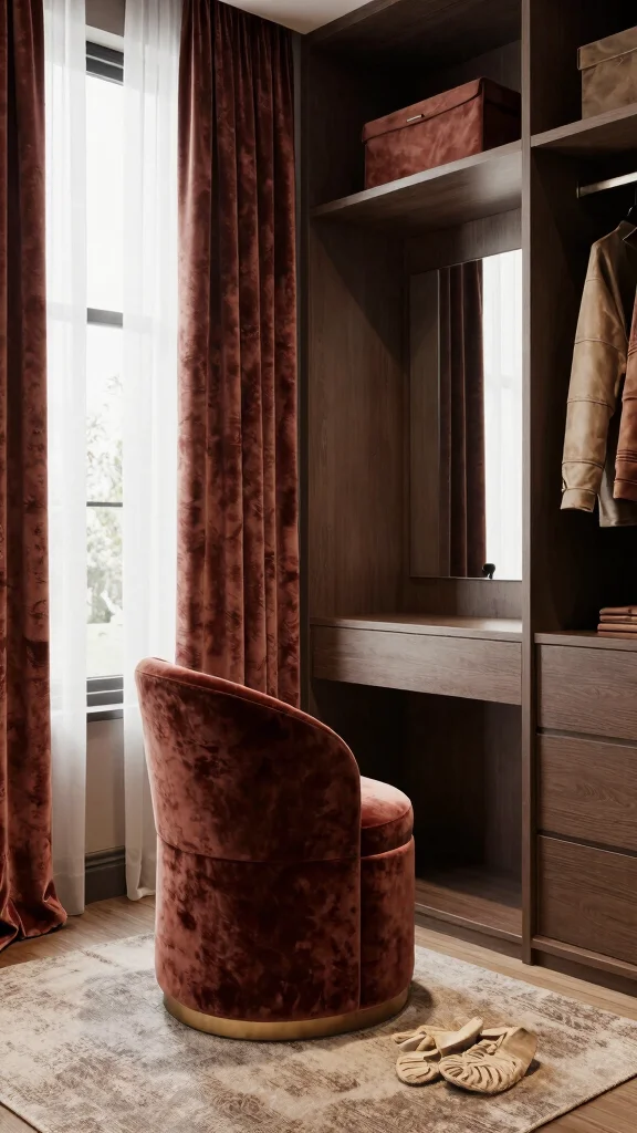 12 Walk-in Closet With Vanity Ideas for a Full Get-Ready Space - 10. Luxurious Textures and Fabrics 1