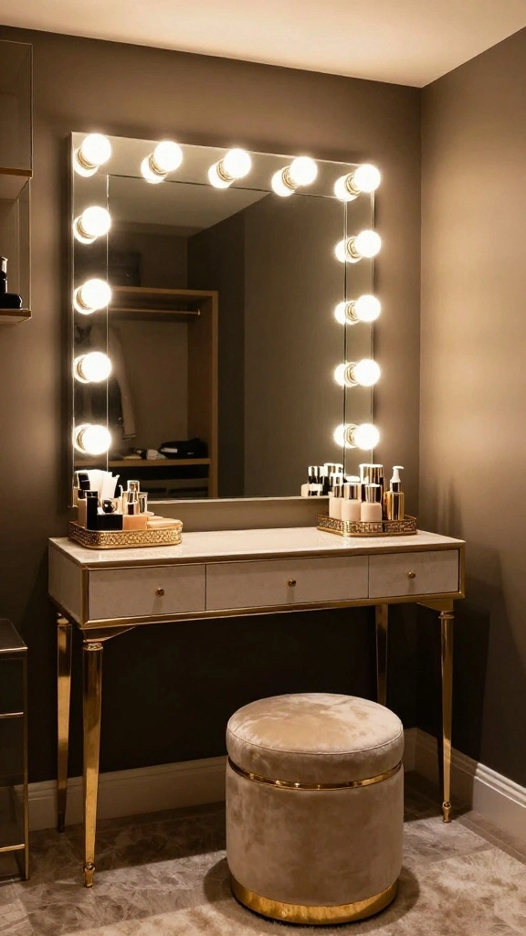 12 Walk-in Closet With Vanity Ideas for a Full Get-Ready Space - 2. Glamorous Hollywood Vanity 1