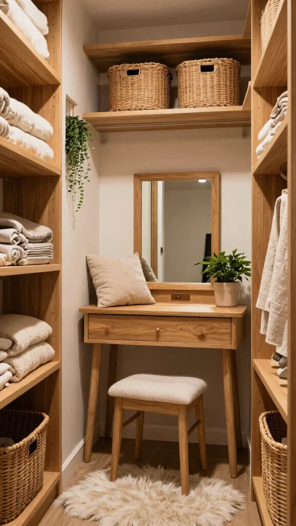 12 Walk-in Closet With Vanity Ideas for a Full Get-Ready Space - 3. Cozy Nook with Natural Elements 1