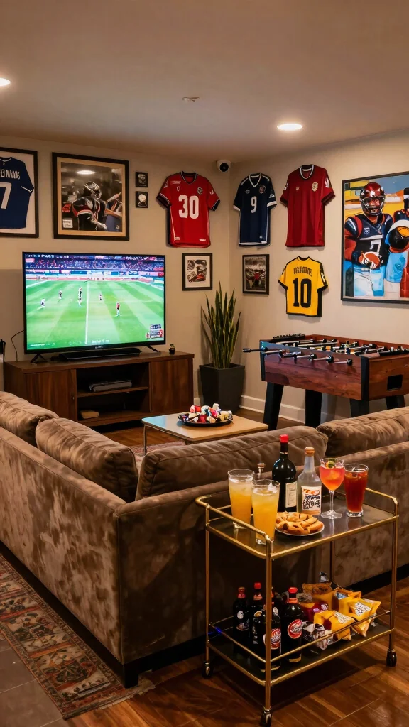 13 Game Room Basement Ideas to Transform Unused Space - 3. Vintage Sports Lounge 1