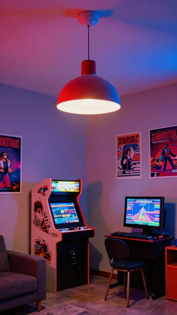 13 Game Room Lighting Ideas From Neon to LED Strips - 3. Colorful Overhead Fixtures 1