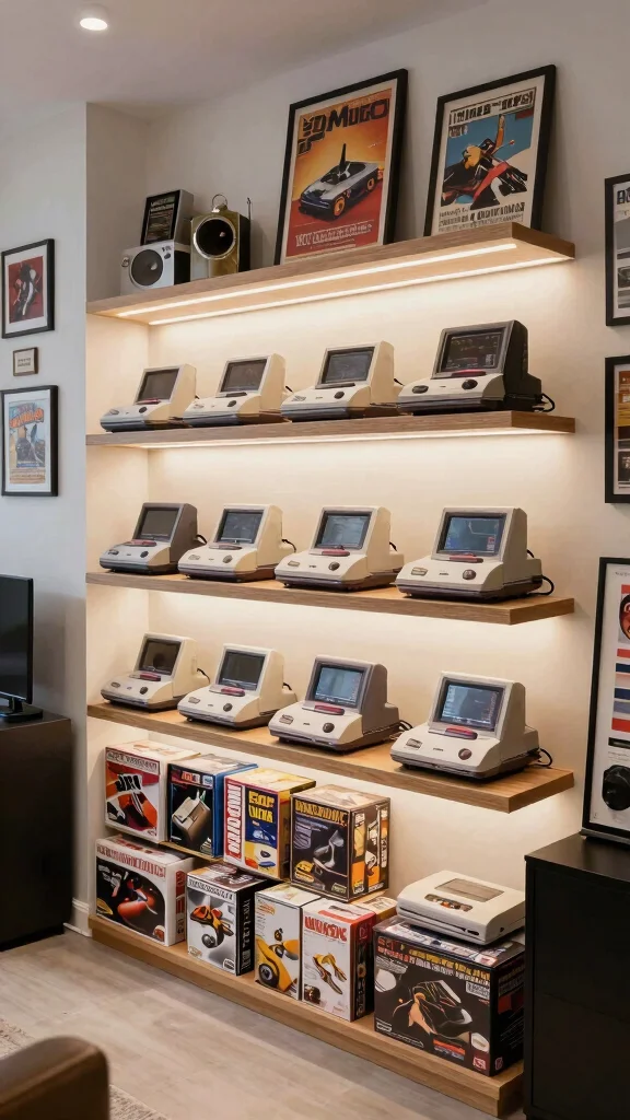 13 Game Room Setup Ideas to Build the Ultimate Play Space - 12. Vintage Gaming Console Display 1