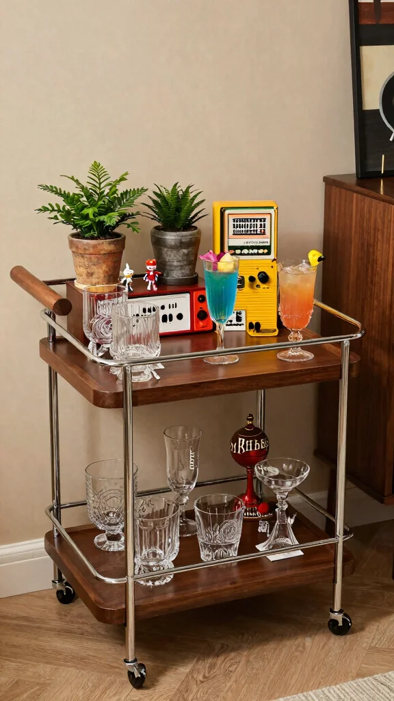 13 Game Room Setup Ideas to Build the Ultimate Play Space - 7. Retro-Style Bar Cart 1