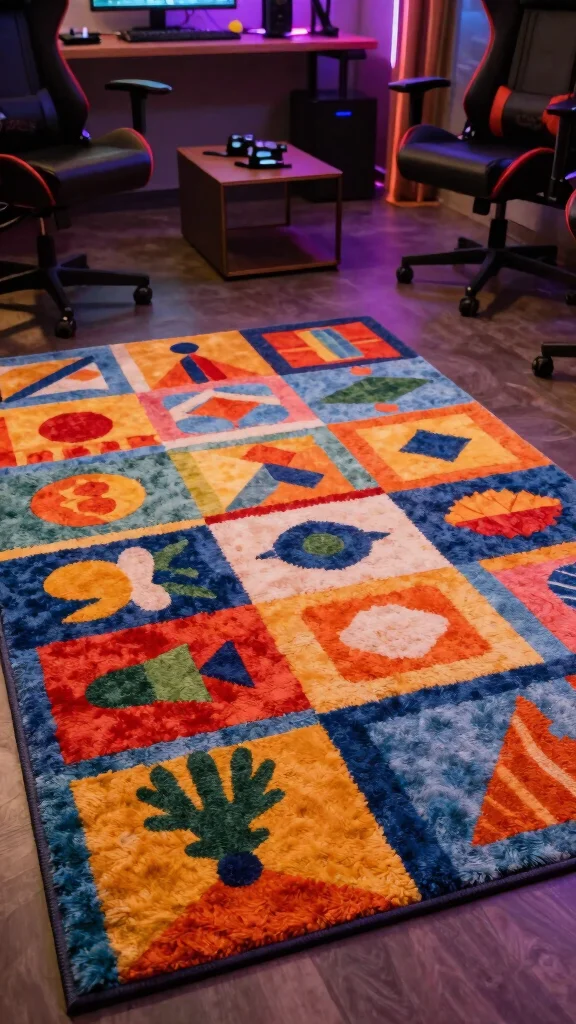 13 Game Room Setup Ideas to Build the Ultimate Play Space - 8. Playful Rug Designs 1