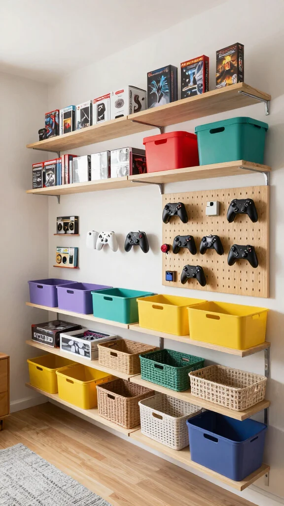 13 Game Room Setup Ideas to Build the Ultimate Play Space - 9. Creative Wall Storage 1