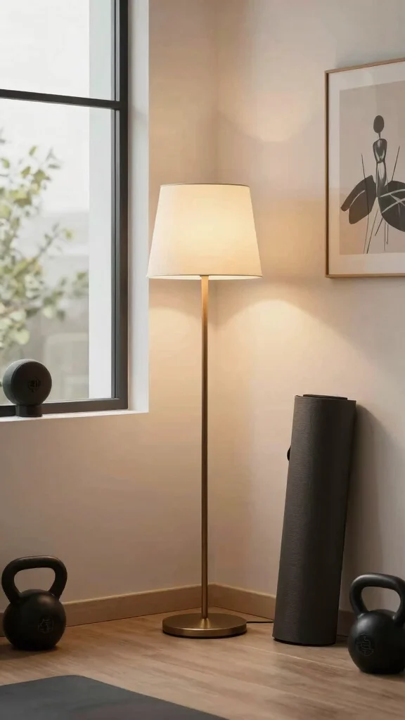 13 Home Gym Lighting Ideas From LED Strips to Overhead Panels - 3. Ambient Lighting with Floor Lamps 1