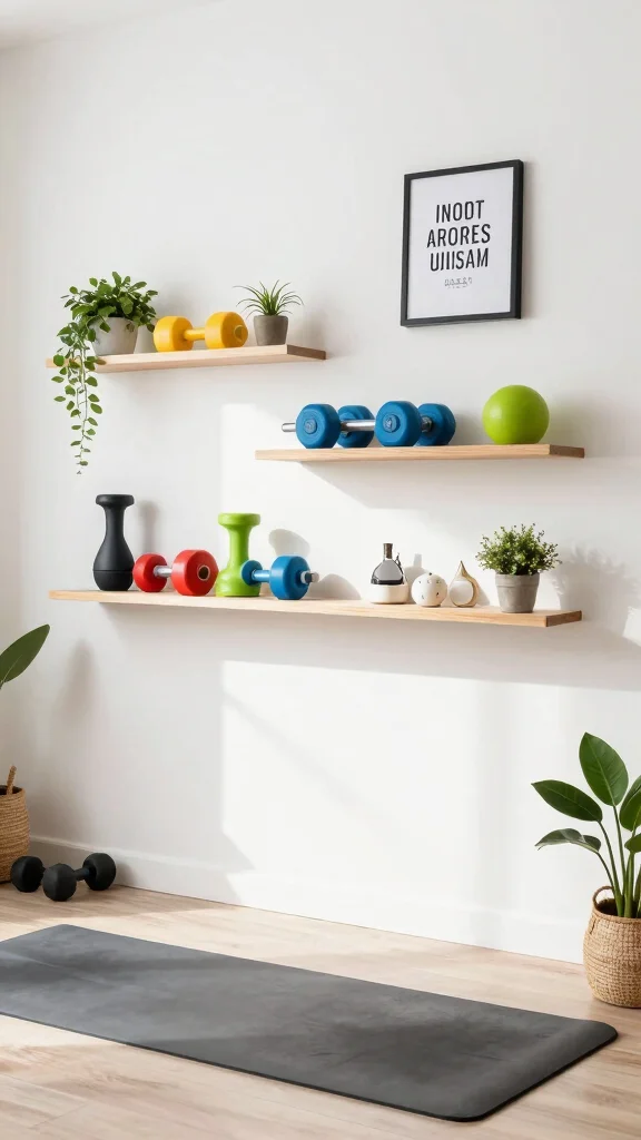 13 Home Gym Storage Ideas That Keep Your Space Functional - 6. Floating Shelves 1