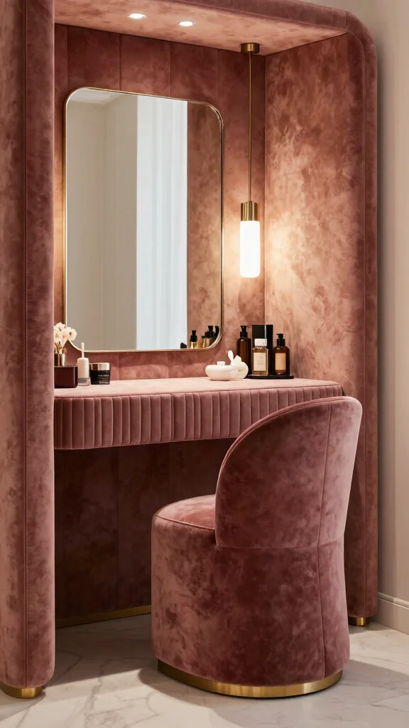 14 Walk-in Closet Vanity Ideas for a Built-in Beauty Moment - 12. Luxurious Upholstered Vanity 1