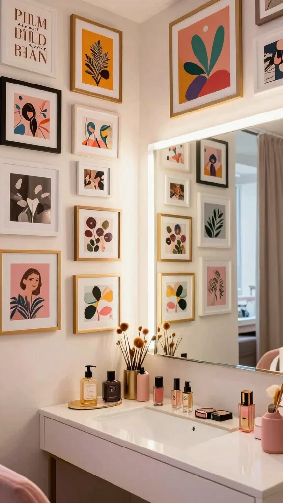 14 Walk-in Closet Vanity Ideas for a Built-in Beauty Moment - 9. Artistic Display with Gallery Wall 1